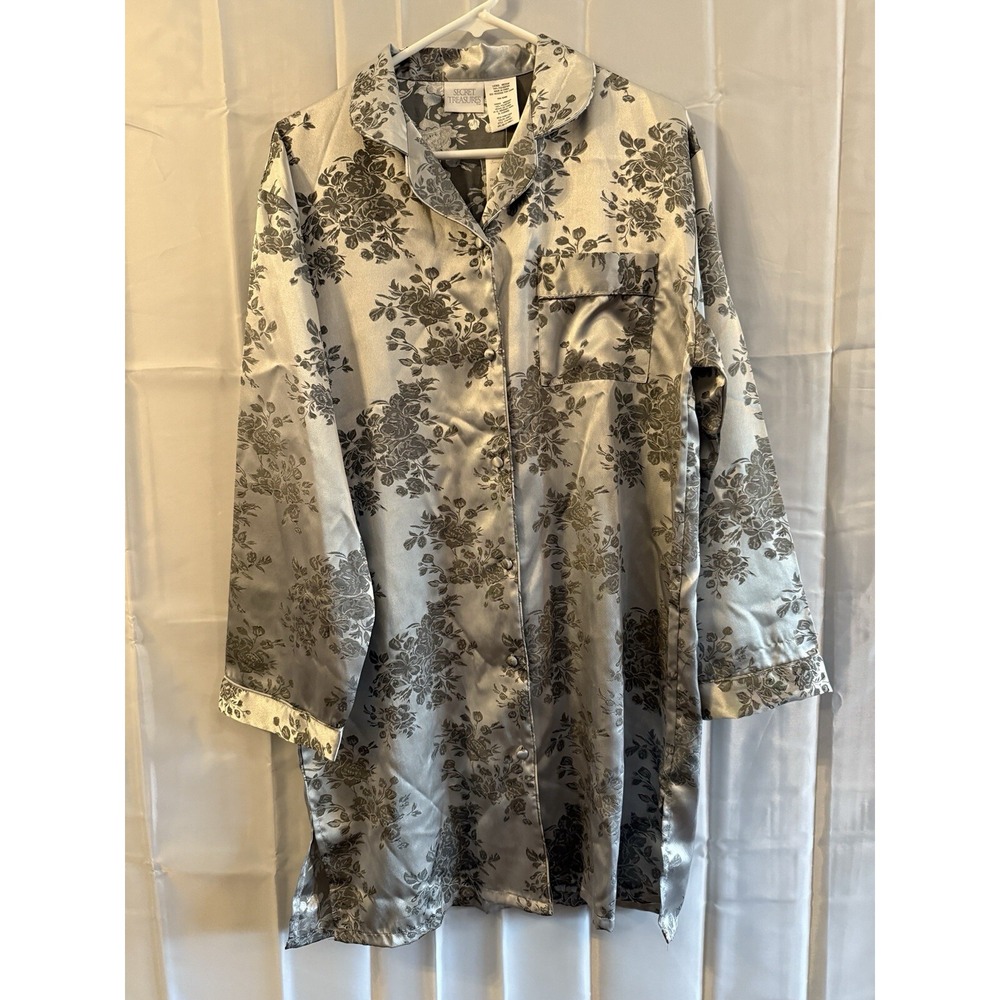 Secret Treasures Silver Gray Nightgown House Coat M NEW Grandma Robe Button Up